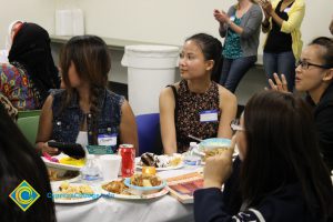 Students eating at the ESL potluck.
