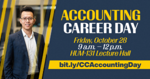 A man stands in front of a flyer that reads Accounting Career Day, with the information listed in this post.