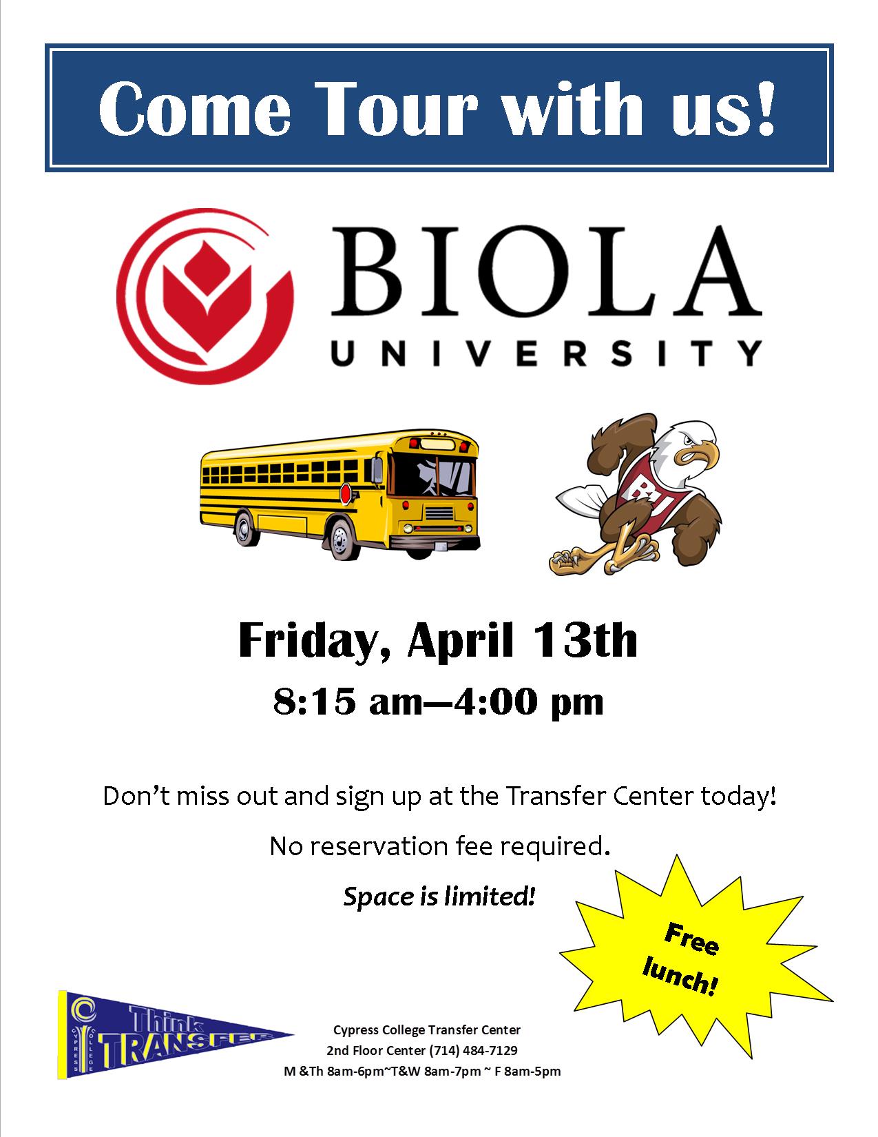Bus tour to Biola University flyer