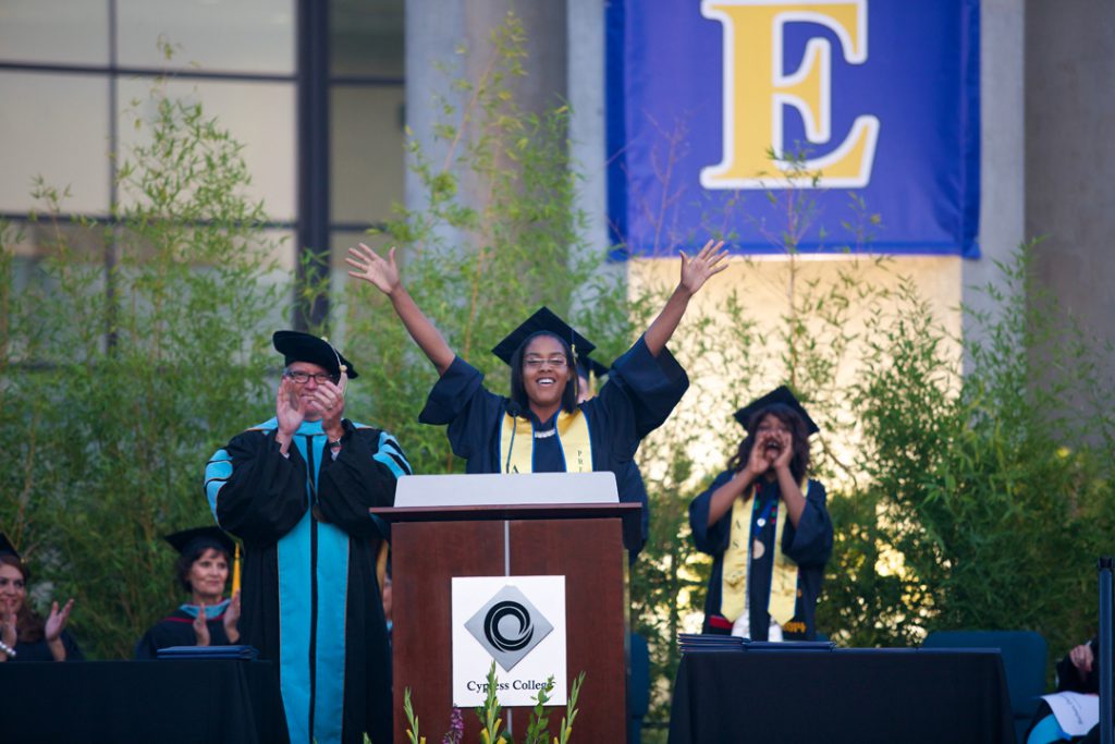 Associated Students President Jasmine Lee celebrates the completion of Cypress College's 47th Commencement on Friday, May 23, 2014. More than 400 students and 90-plus faculty participated and 1083 students earned associate's degrees.