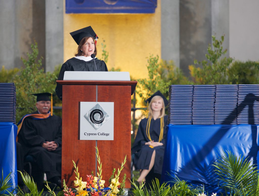 Retired Cypress Police Chief Jackie Gomez-Whiteley speaks at Cypress College's 48th Commencement on Friday, May 22, 2015.