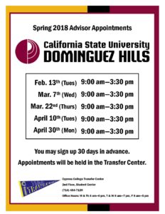 Cal State Dominguez Hills Spring 2018 Advisor Appointments flyer.