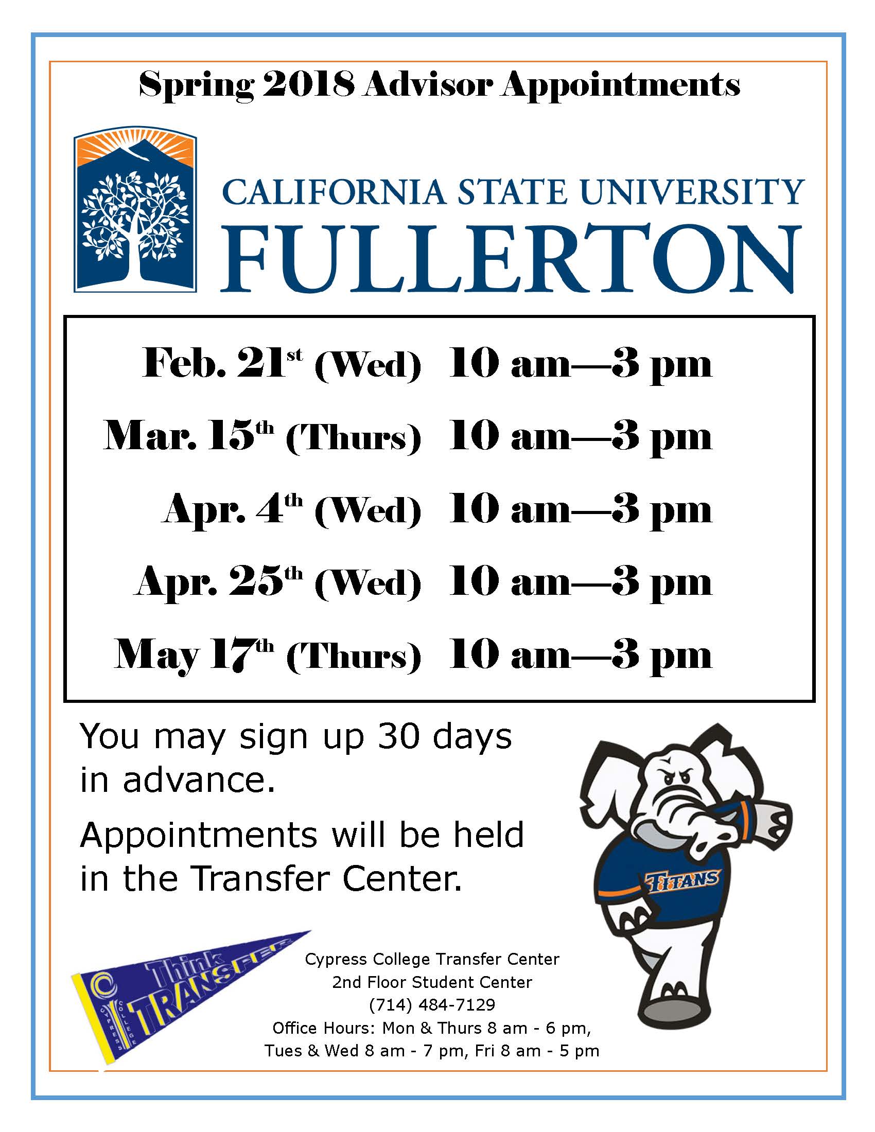 Cal State Fullerton Spring 2018 Advisor Appointments flyer