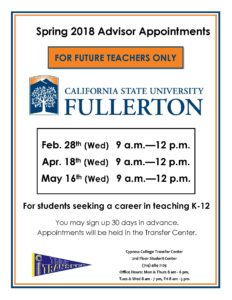 Cal State Fullerton Spring 2018 Advisor Appointments flyer