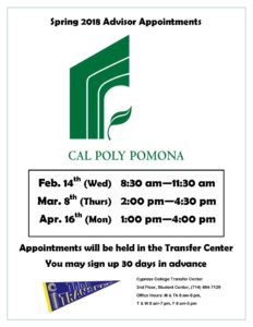 Cal Poly Pomona Spring 2018 Advisor Appointments flyer.