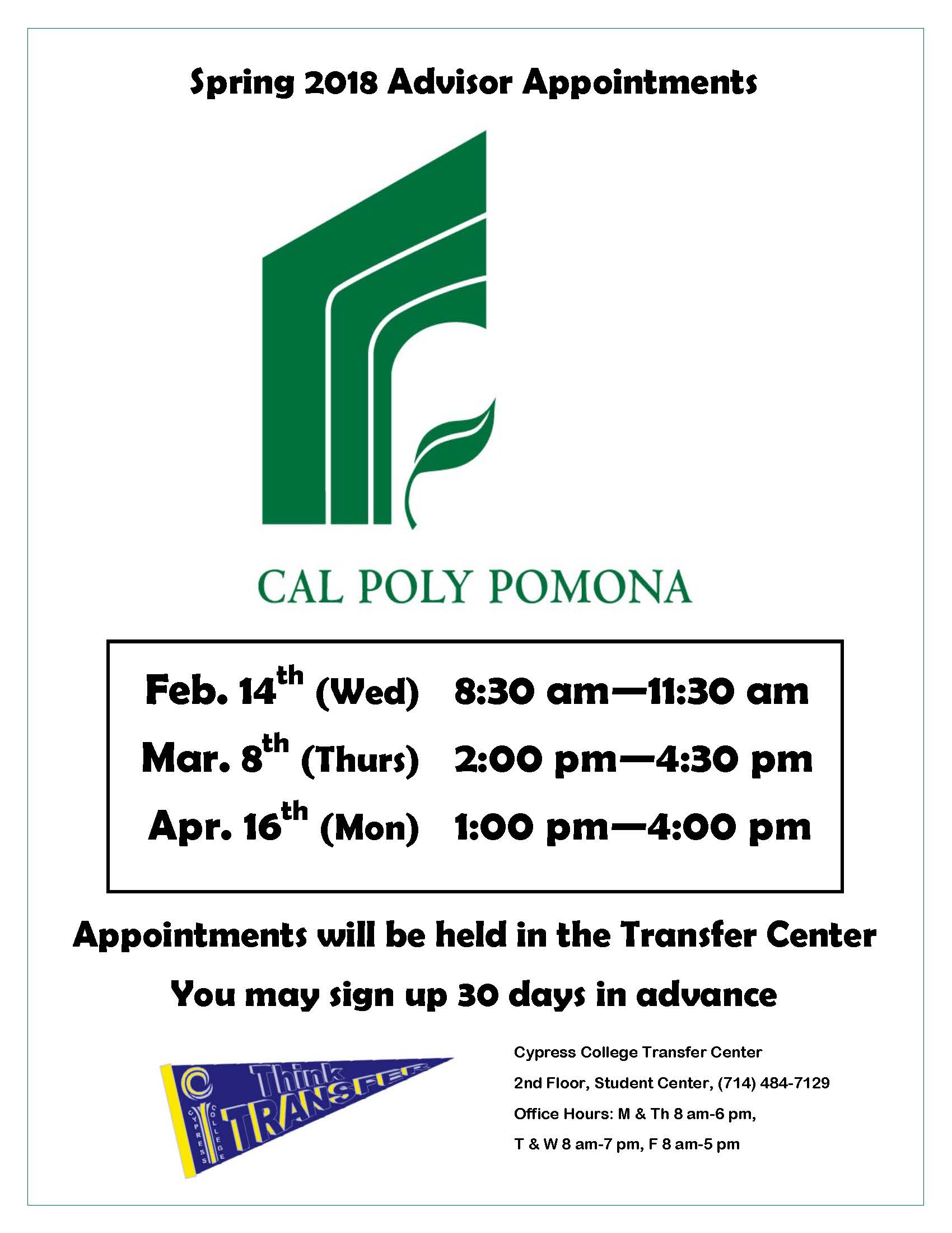 Cal Poly Pomona Spring 2018 Advisor Appointments flyer.