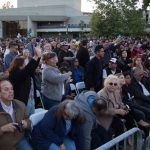 Crowd of excited guests at commencement.