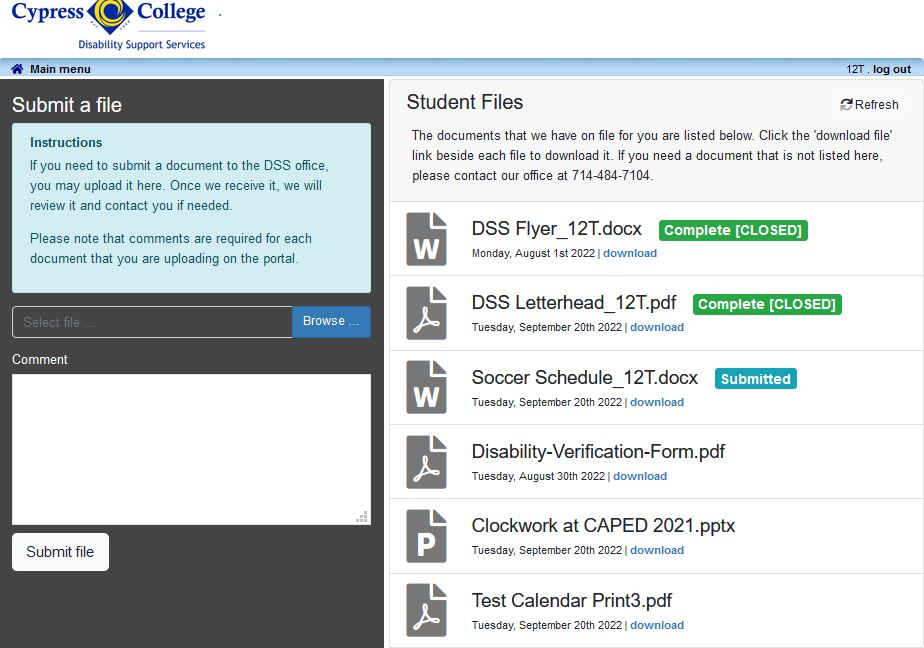 Screenshot of Student Files page in Charger Access Portal