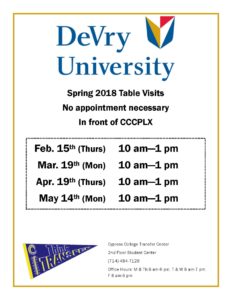 DeVry University Spring 2018 Table Visit flyer.