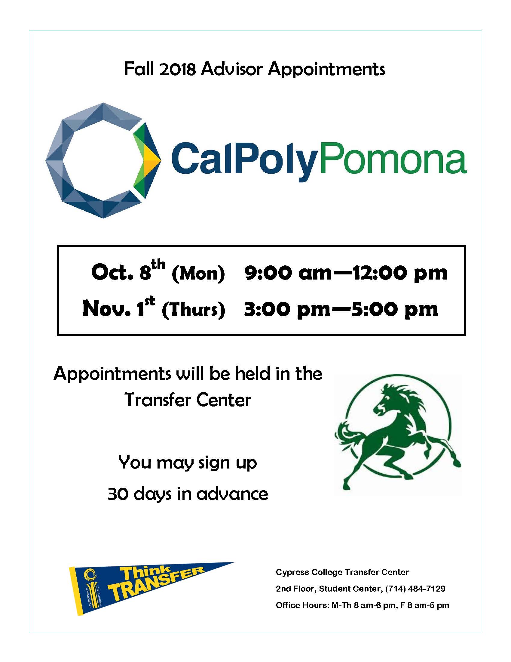 Fall 2018 Advisor Appointments Cal Poly Pomona flyer.