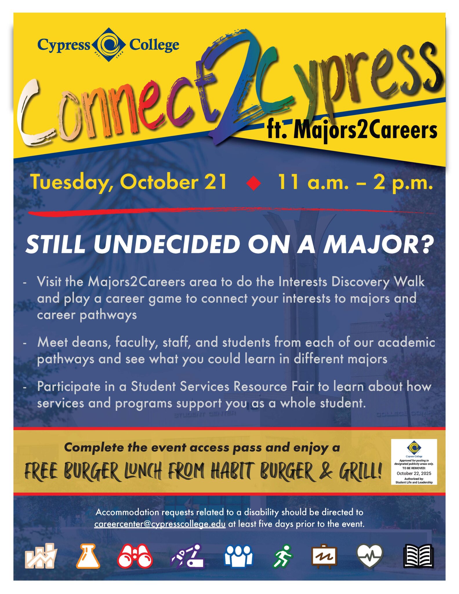 A flyer expressing the following: Connect2Cypress ft. Majors2Careers will take place on Tuesday, October 21 from 11 am - 2 pm! Over 1000 students (local high school seniors and current Cypress College students) will be in attendance!  Students will have the opportunity to connect with faculty and staff from each of the academic pathways, learn about resources from the Student Services Resource Fair, and participate in career activities in the Majors2Careers (M2C) Showcase! 

Students who participate and complete the M2C evaluation will receive a FREE lunch ticket for a Habit Burger! 

The Career Planning and Worforce Development Center can also provide attendance verification for those who offer credit for participating in this event. 
