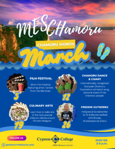 A flyer with a bluff and beach at sunset, advertising events for CHamoru month at the APIDA center, the details of which are in the body of this page.