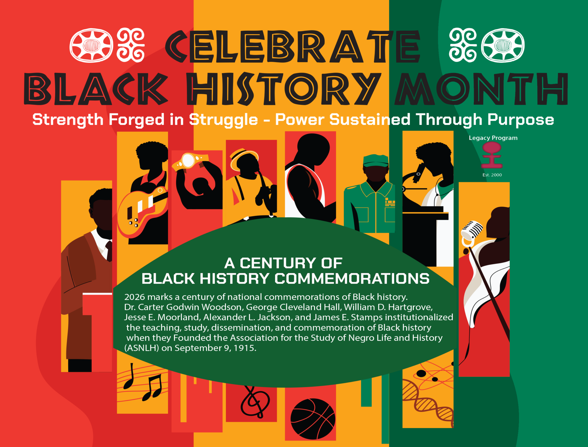 A graphic with red, gold, and green stripes announcing Celebrate Black History Month. Details of the flyer are in the body of this event post.