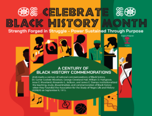 A graphic with red, gold, and green stripes announcing Celebrate Black History Month. Details of the flyer are in the body of this event post.