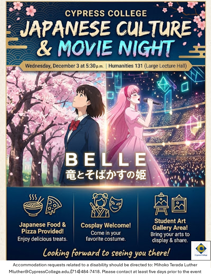 A poster advertising Japanese Culture and Movie Night, the details of which are in the body of this post