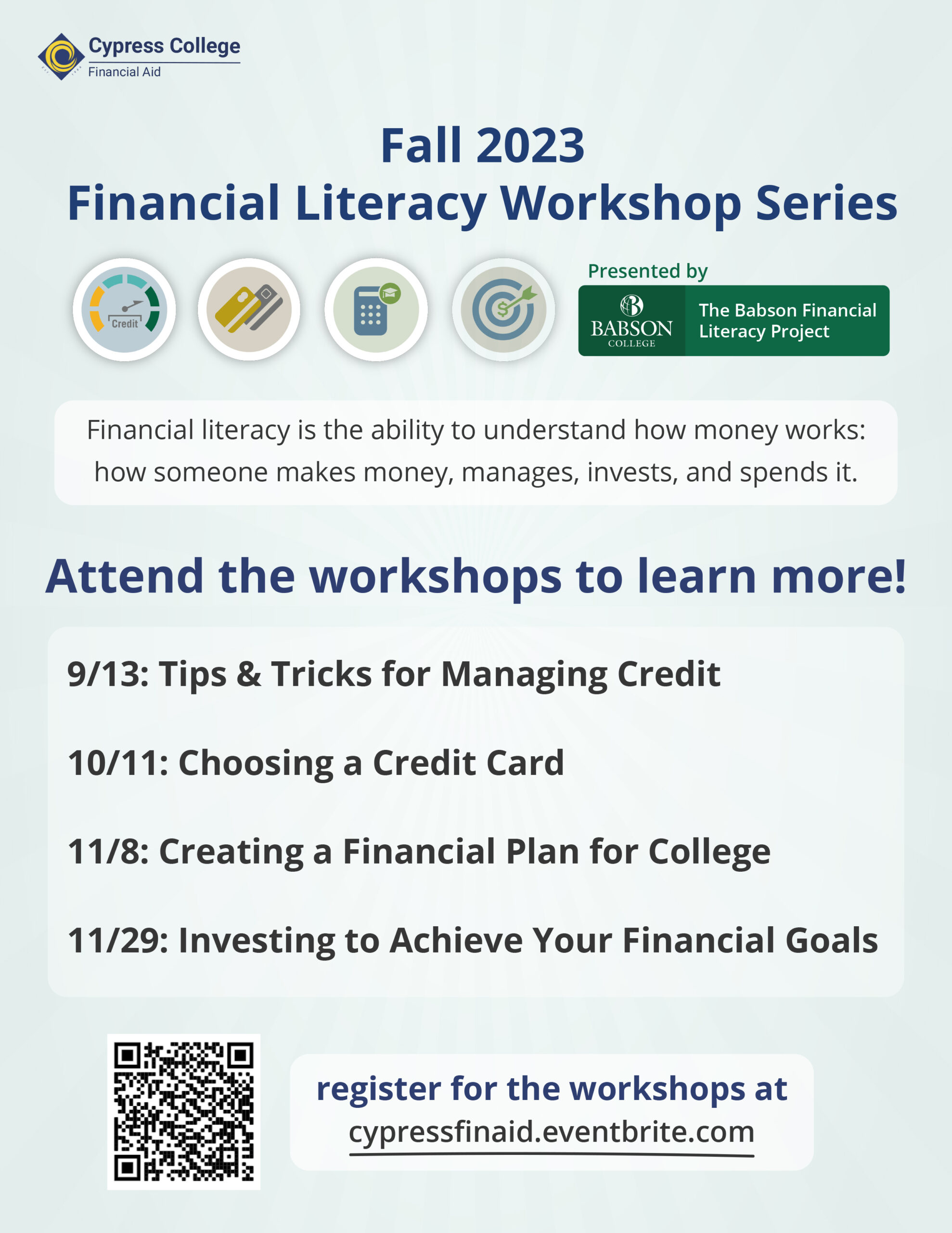 A workshop flyer for Financial Aid resources, the content of which can be found in this post. 