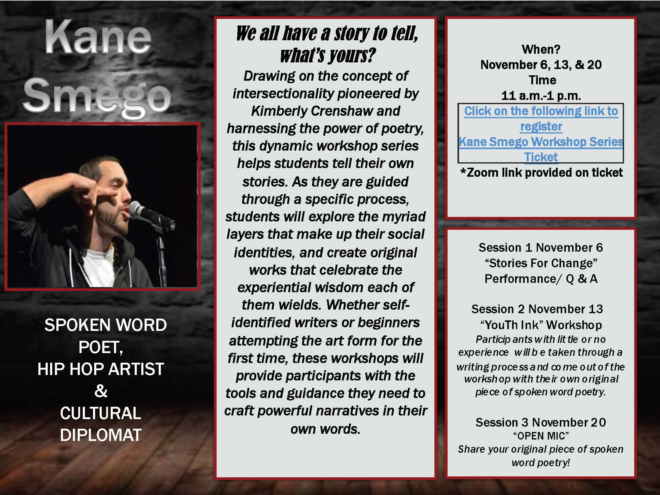 Kane Smego Workshop Series flyer