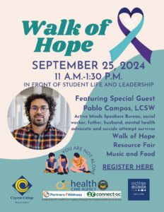 Walk of Hope flyer featuring a description of the event and a photo of the guest speaker