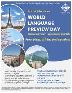 Flyer for World Language Day featuring information for the event, images of the Eiffel Tower, cherry blossoms, and the Great Wall of China, on a blue background