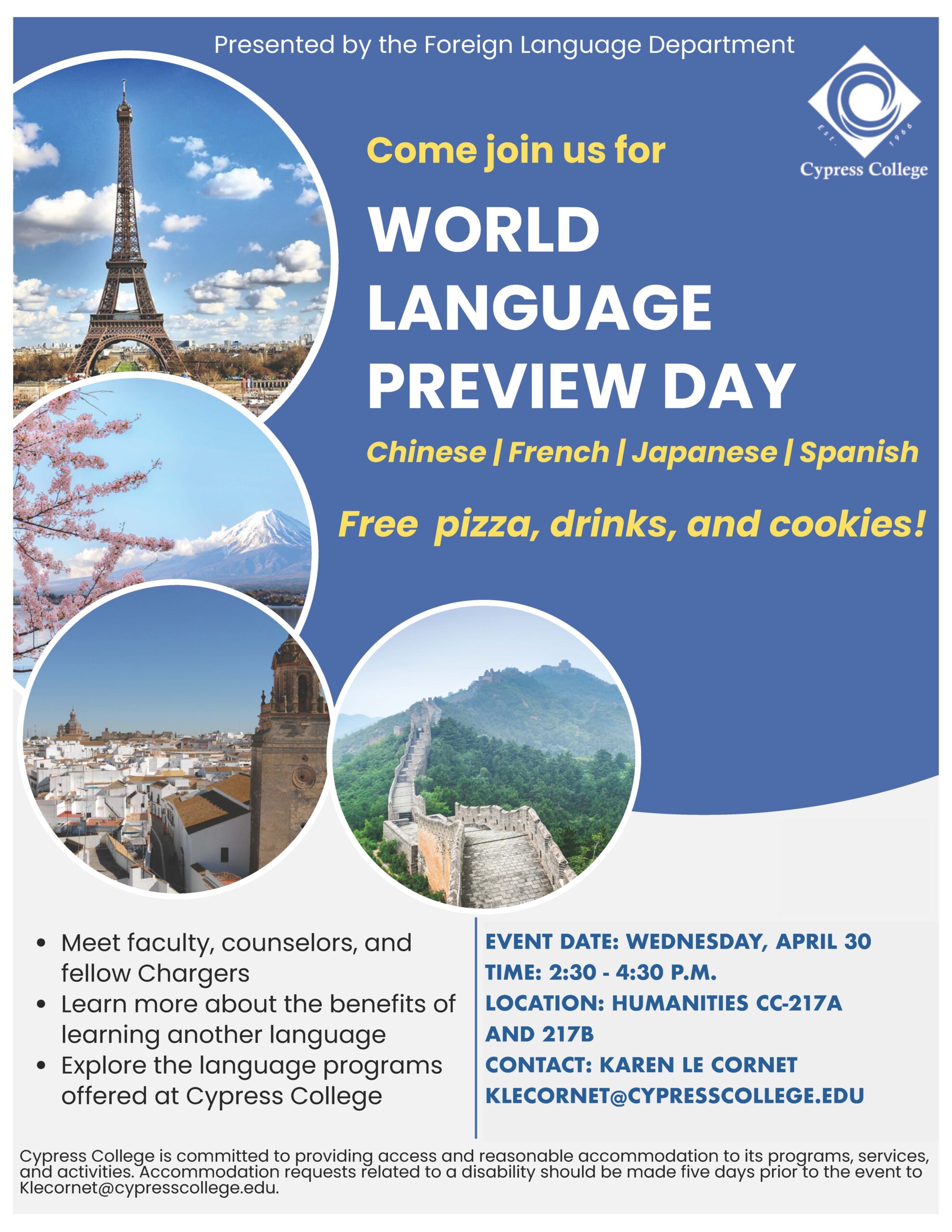 Flyer for World Language Day featuring information for the event, images of the Eiffel Tower, cherry blossoms, and the Great Wall of China, on a blue background