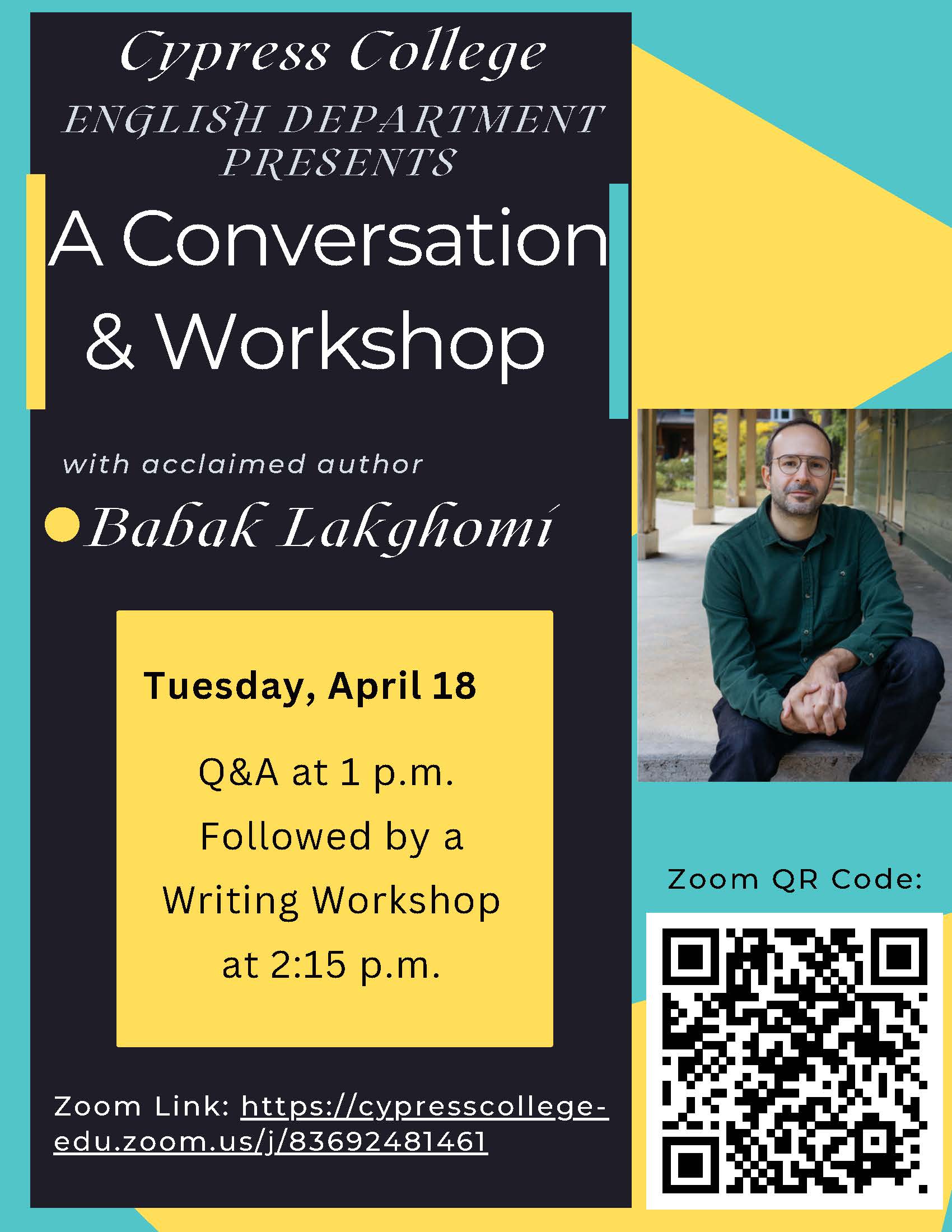 Babak Lakghomi conversation and workshop flyer