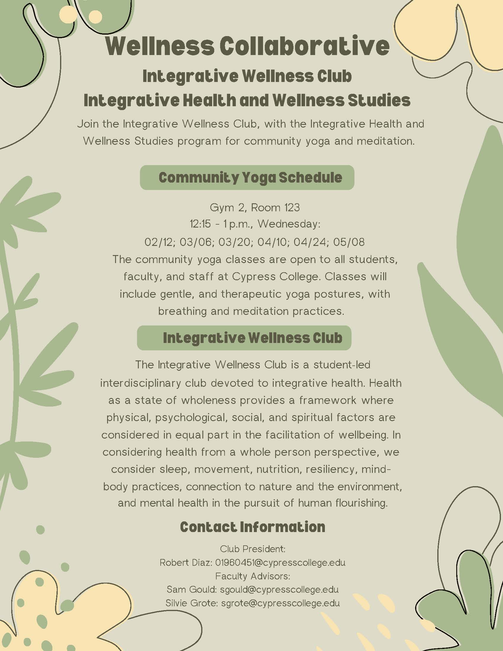 Community Yoga Schedule for spring 2024