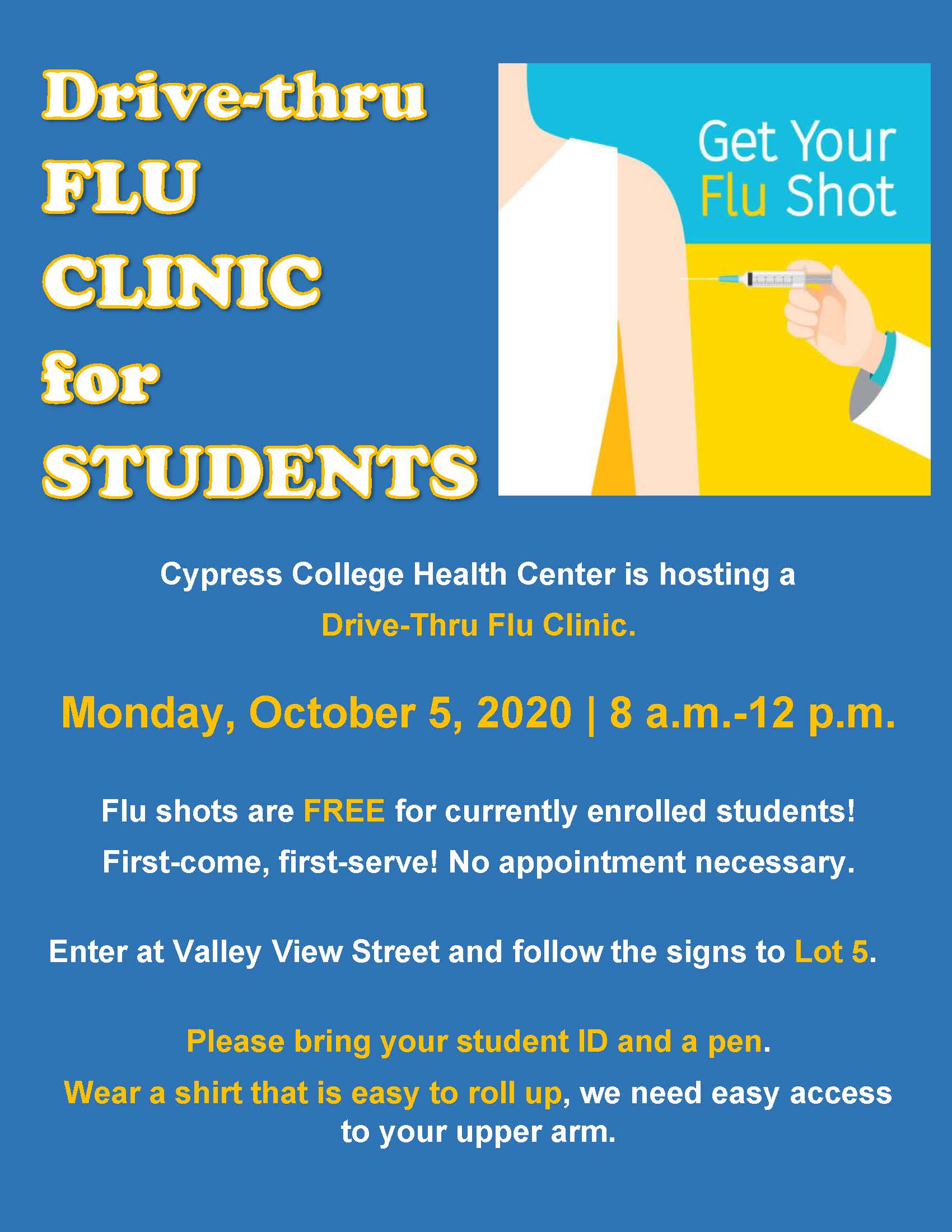 Flyer for Flu Clinic, includes image of person getting a flu shot