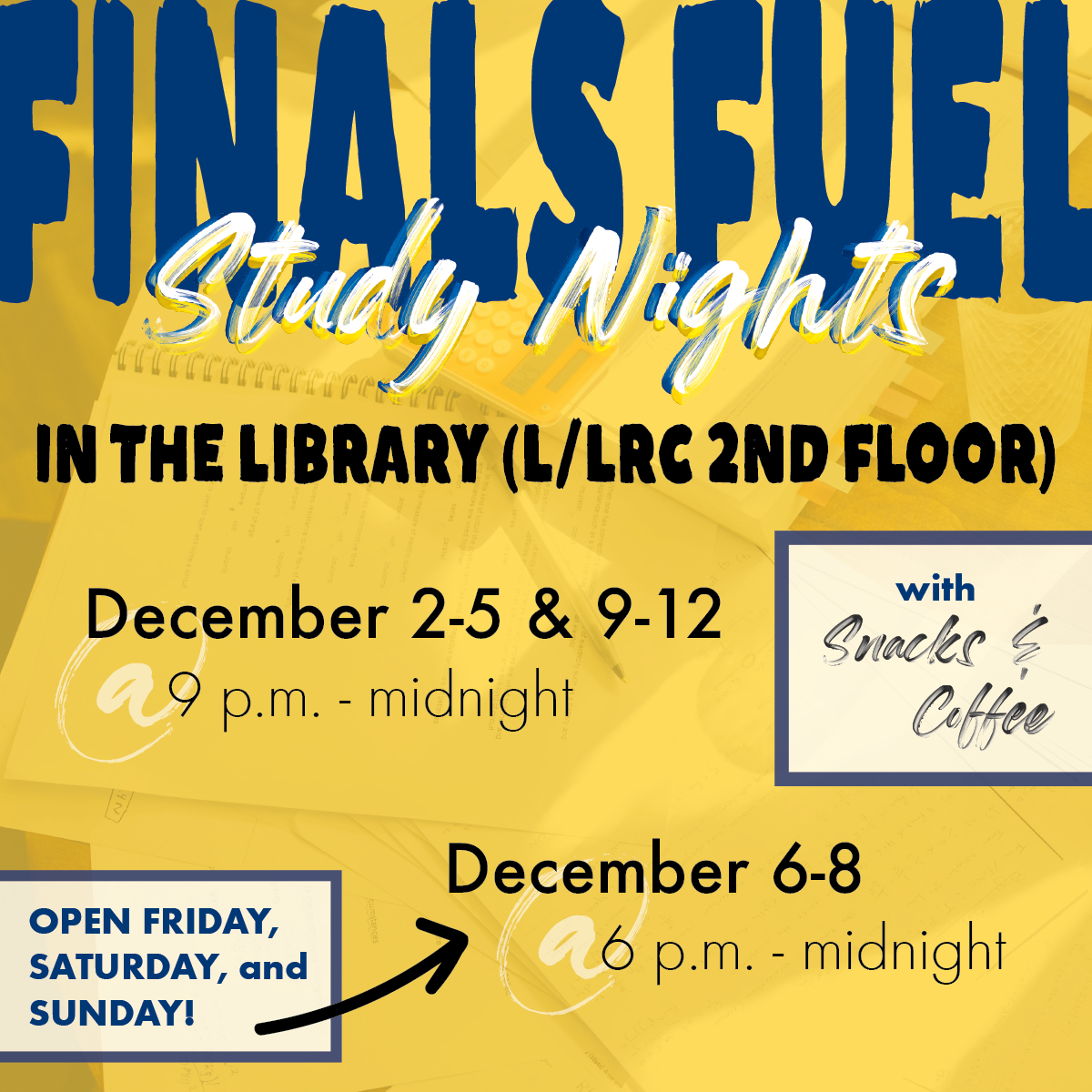 Information about finals fuel event on a yellow background.