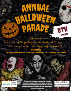 Annual Halloween parade flyer featuring various characters in festive costumes and vibrant colors.