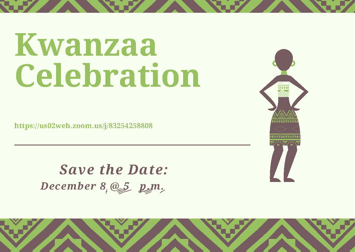 Green and brown Kwanzaa Celebration flyer with drawing of woman dressed in traditional African attire and a notice to save the date