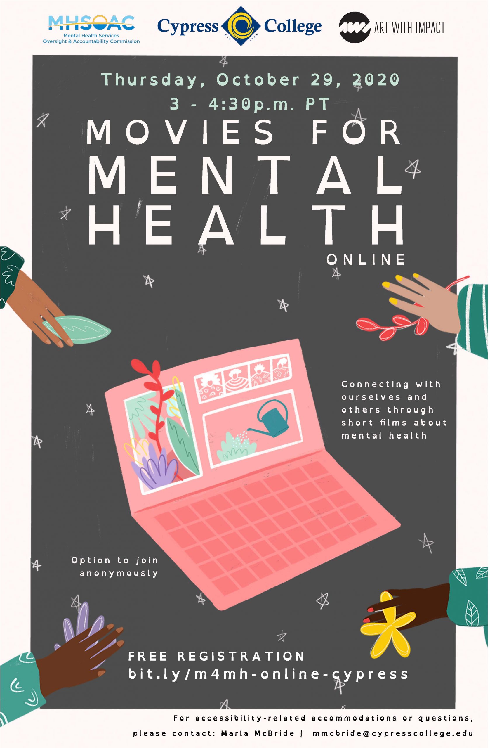Movies for Mental Health flyer, features hands and a computer