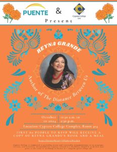 Flyer for Reyna Grande author event with blue design on an orange background