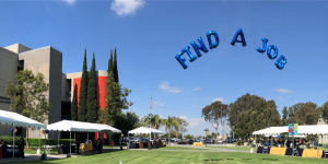 Cypress College campus with "Find a Job" baloons in sky