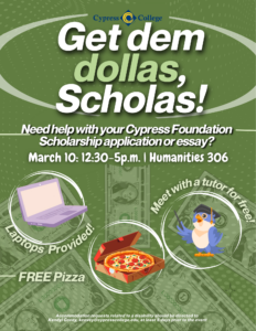 A flyer for a scholarship application workshop, the details of which are in the body of this post.