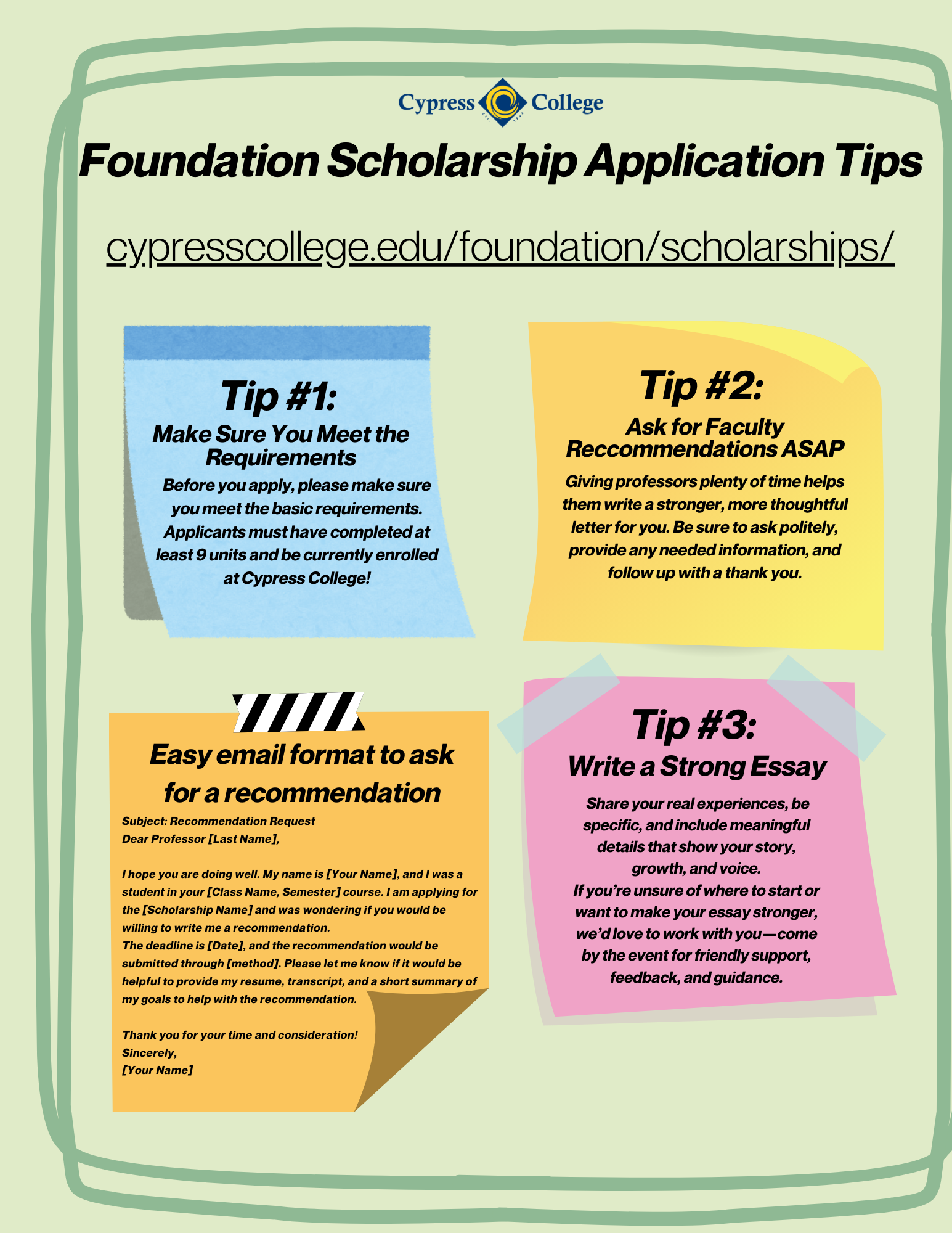 A flyer for a scholarship application workshop, the details of which are in the body of this post. 