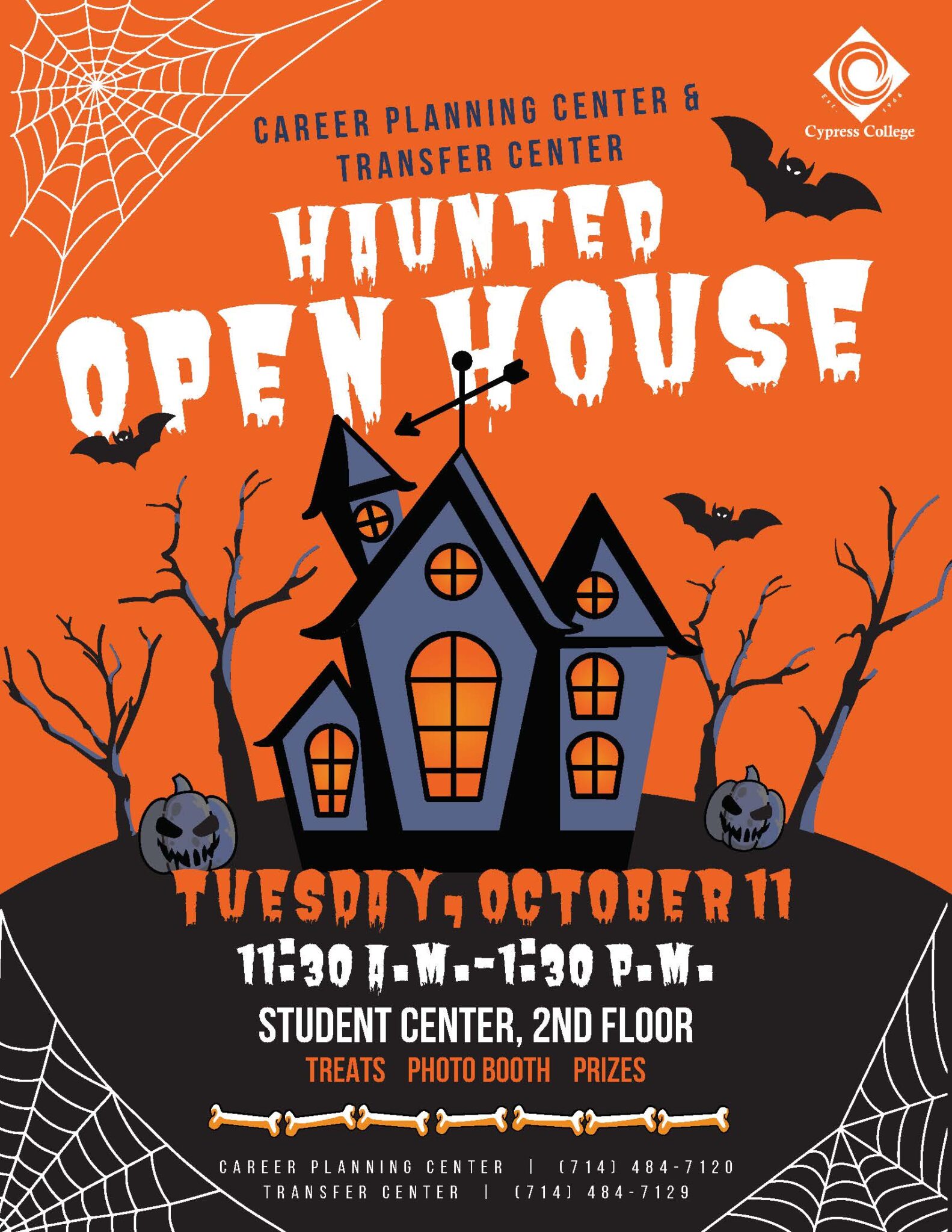 Haunted Open House flyer with orange background, spooky house, bats, jack-o-lanterns, trees, and spider webs.