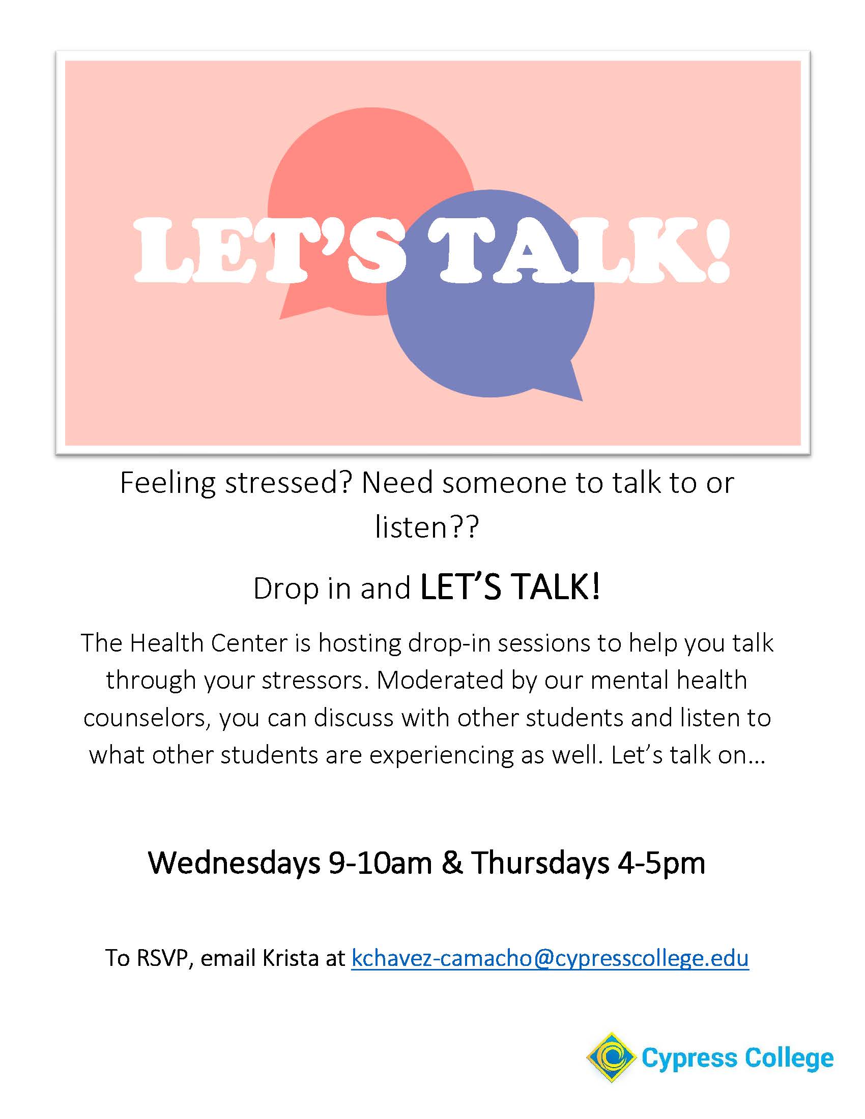 Flyer for Let's Talk, a weekly meeting where people can discuss their issues.