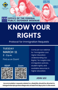A woman in a headscarf raises her fist next to a woman of color using a megaphone. This flyer is for a Know Your Rights webinar, the details of which are in the body of this post.