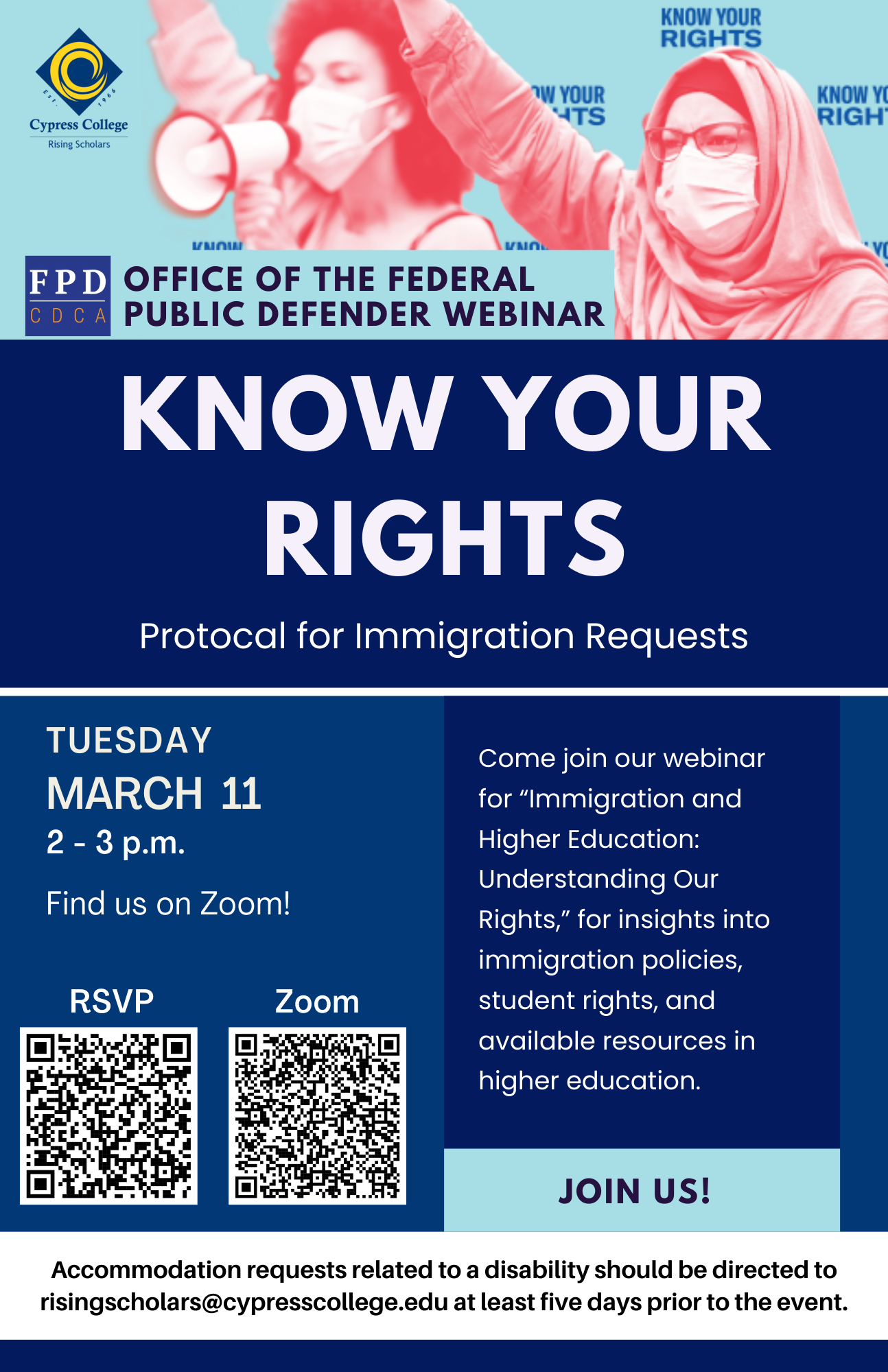 A woman in a headscarf raises her fist next to a woman of color using a megaphone. This flyer is for a Know Your Rights webinar, the details of which are in the body of this post.