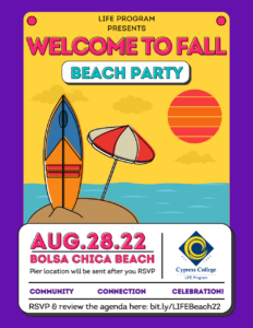 Poster with illustration of beach umbrella and surfboard in sand in front of ocean with details on event, written in post.