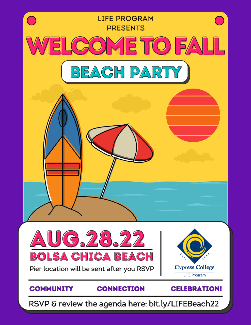 Poster with illustration of beach umbrella and surfboard in sand in front of ocean with details on event, written in post.