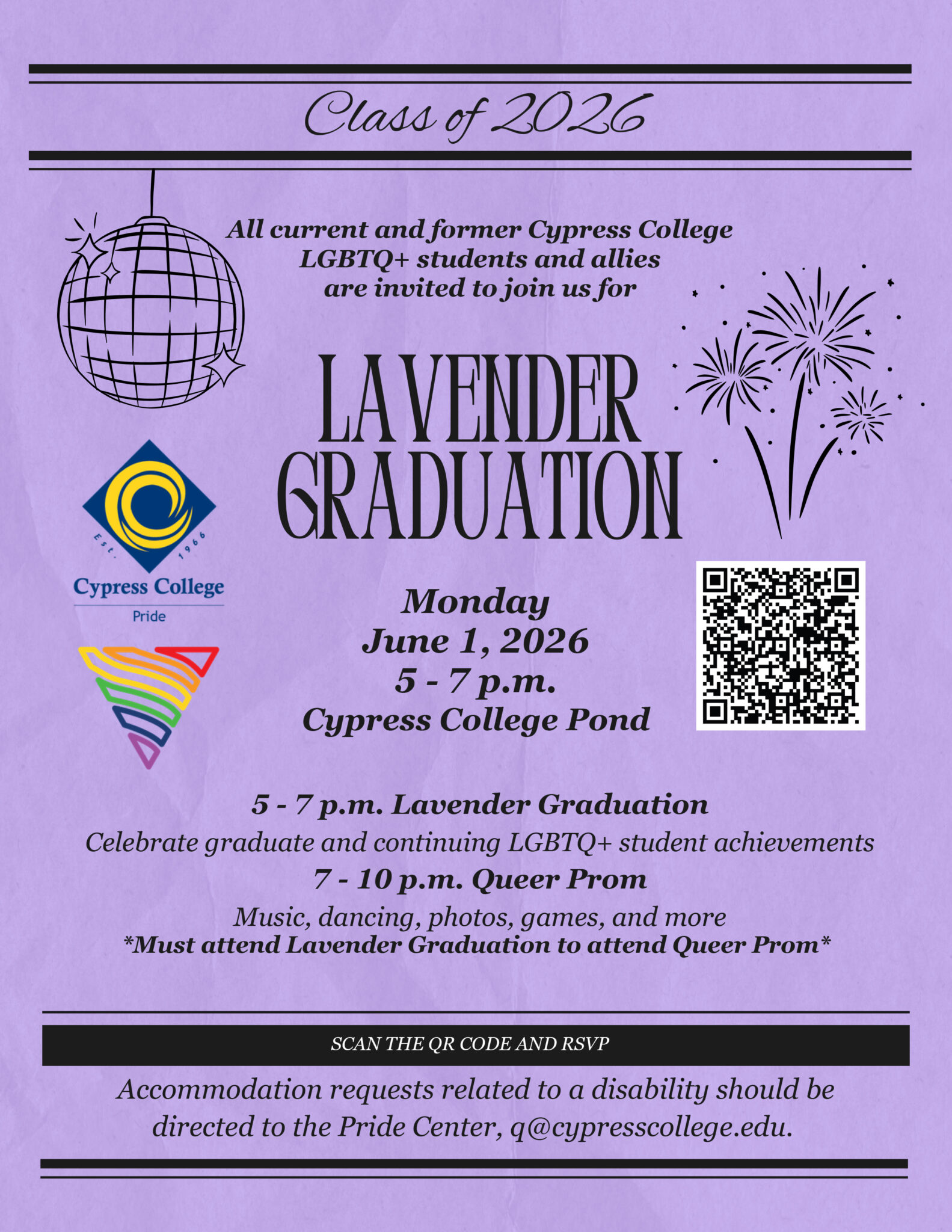 A purple event flyer titled "Lavender Graduation" for Class of 2026 at Cypress College. It invites LGBTQ+ students and allies to celebrate on Monday, June 1, 2026, from 5 to 7 p.m. at Cypress College Pond. The flyer includes Cypress College and Pride logos, with additional details for a "Queer Prom" from 7 to 10 p.m. A QR code is included for RSVPs.