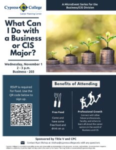 A flyer announcing a meeting for Business and CIS majors, the text of which can be found in the body of this event posting.