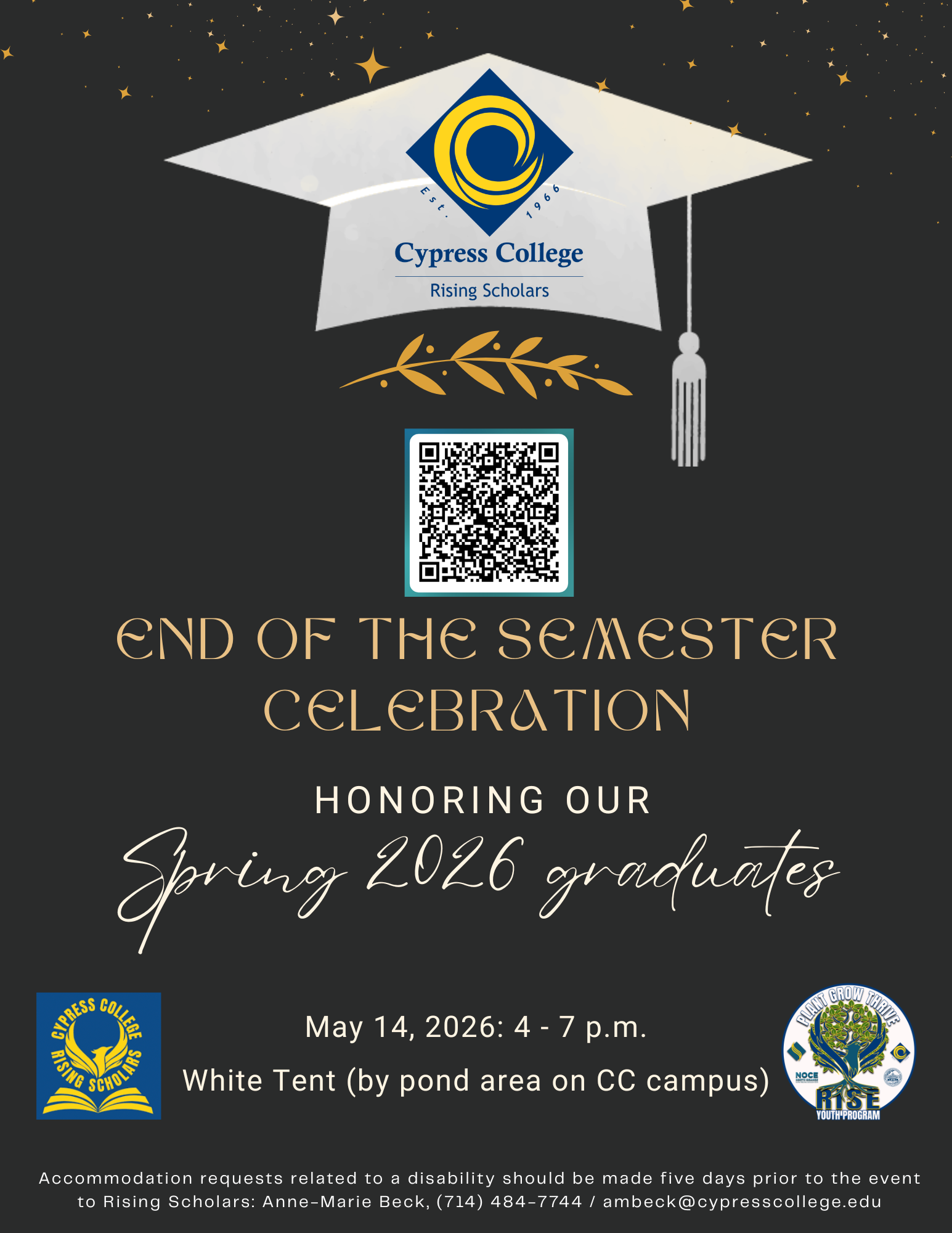 White mortarboard cap on black background announcing Rising Scholars end of year celebration, the details of which are in the body of this post. 