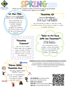 A flyer in the style of colored pencils on binder paper, announcing Spring Transfer Center events, the details of which can be found in the body of this post.