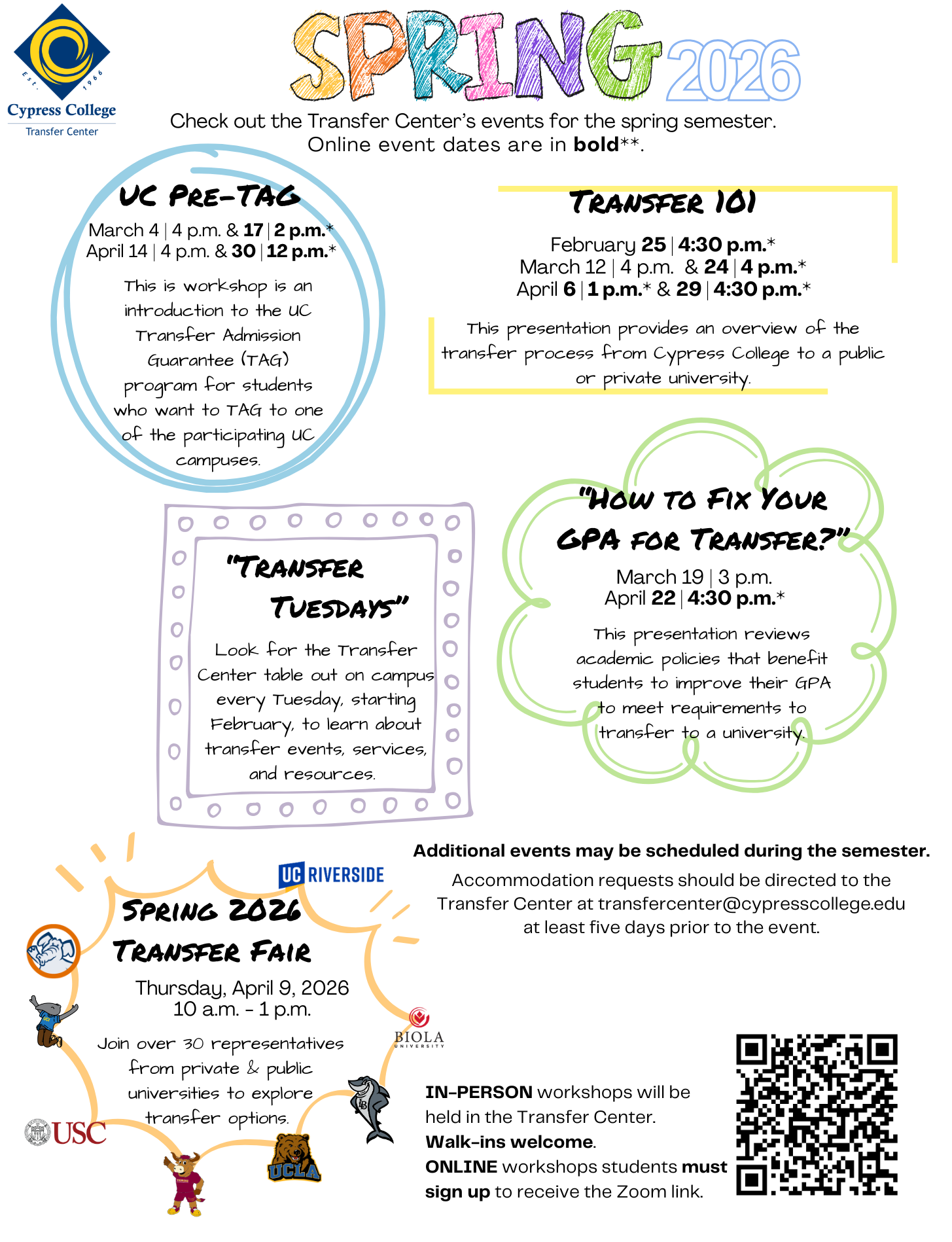 A flyer in the style of colored pencils on binder paper, announcing Spring Transfer Center events, the details of which can be found in the body of this post.