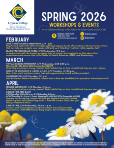 A flyer with a blue background an daisies along the bottom announcing the Career Planning and Workforce Development Center spring events, the details of which can be found in the body of this post.