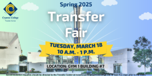 A flyer with an image of the campanile behind an announcement for the Spring 2025 Transfer Fair, the details of which are in the body of this post.