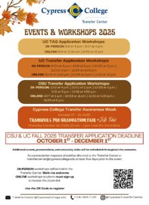 A flyer with the information: TransferCenter Events and Workshops 2025 Visit https://linktr.ee/cypresstransfercenter for more information and to RSVP. UC Transfer Application Workshops: IN-PERSON: 9/24 at 4 p.m. | 10/8 at 3 p.m. | 10/22 at 5 p.m. | 11/3 at 5 p.m. | 11/20 at 4:30 p.m. ONLINE: 10/14 at 5:30 p.m. | 10/28 at 5 p.m. | 11/14 at 12 p.m. CSU Transfer Application Workshops: IN-PERSON: 10/2 at 4 p.m. | 10/15 at 2 p.m. | 10/29 at 5 p.m. | 11/5 at 5 p.m. | 11/18 at 4:30 p.m. ONLINE: 10/7 at 5 p.m. | 10/24 at 11 a.m. | 11/10 at 5:30 p.m. | 11/25 at 5 p.m. UC TAG Application Workshops: IN-PERSON: 9/9 at 4 p.m. | 9/17 at 4 p.m. ONLINE: 9/4 at 11:30 a.m. | 9/25 at 12 p.m. | Thursday, October 30, 2025, 10 a.m. - 1 p.m. near the Pond Area Cypress College Transfer Awareness Week October 27 - 31, 2025 IN-PERSON workshops will be held in the Transfer Center. Walk-ins welcome. ONLINE workshops students must sign up to receive the Zoom link Accommodation requests should be directed to the Transfer Center at transfercenter@cypresscollege.edu at least five days prior to the event. Additional events, presentations, and university visits will be scheduled throughout the semester. CSU & UC FALL 2026 TRANSFER APPLICATION DEADLINE: OCTOBER 1 - DECEMBER 1 Transfer & Pre-Graduation Fair + Job Fair UNIVERSITY VISITS TransferCenter@CypressCollege.edu (714) 484-7129 @CypressTransferCenter Enroll in the Transfer Center Hub for transfer updates, events, and workshops. Additional events, presentations, and representative visits will be scheduled throughout the semester. These can be viewed on the Transfer Center Hub Calendar. APPLICATION SUPPORT & ADVISING APPOINTMENTS: For IN-PERSON and Virtual appointments, use the QR code to sign up for a meeting time. TABLE VISITS: Look for the university representative out in Gateway Plaza to ask questions and learn about their university programs.