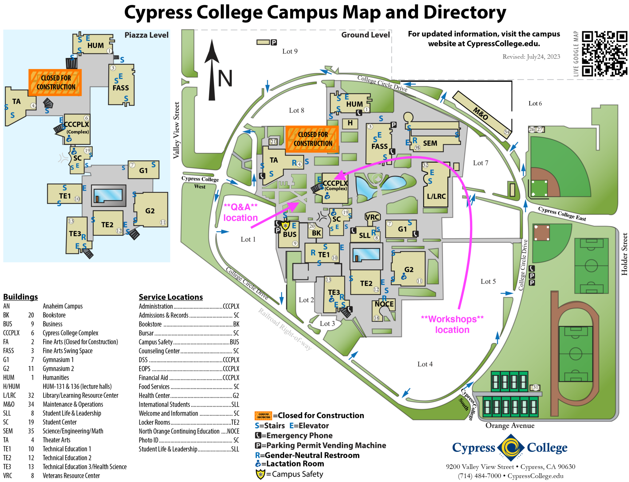 An image of the Cypress College campus map pointing out the College Complex building and Gateway Plaza